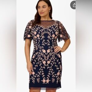 Adrianna Papell Blue and Pink Flutter Sleeve Sheath Dress
